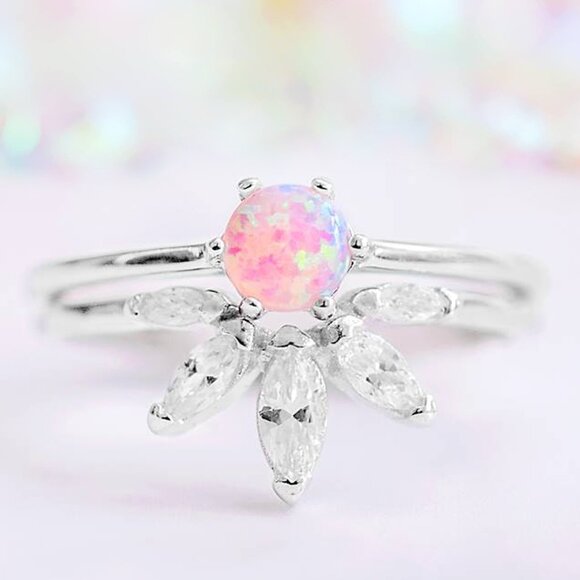 Pink Opal Ring Set, size 9, 925 Sterling Silver Charmed Aroma - Picture 1 of 6